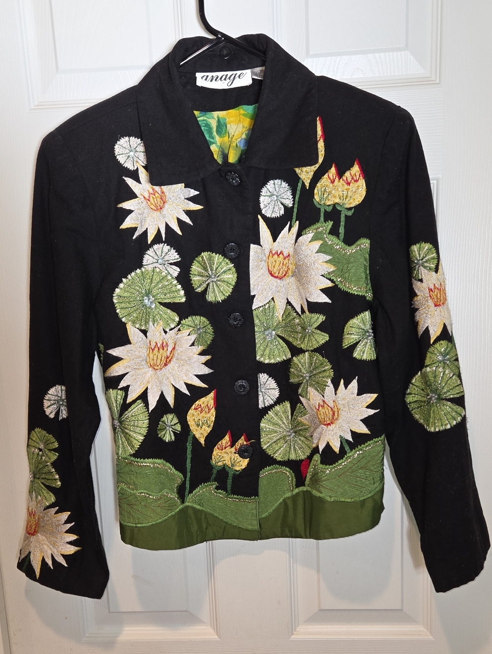 Anage Black Embroidered Waterlily Cotton Jacket Made In ZIndia Size XS